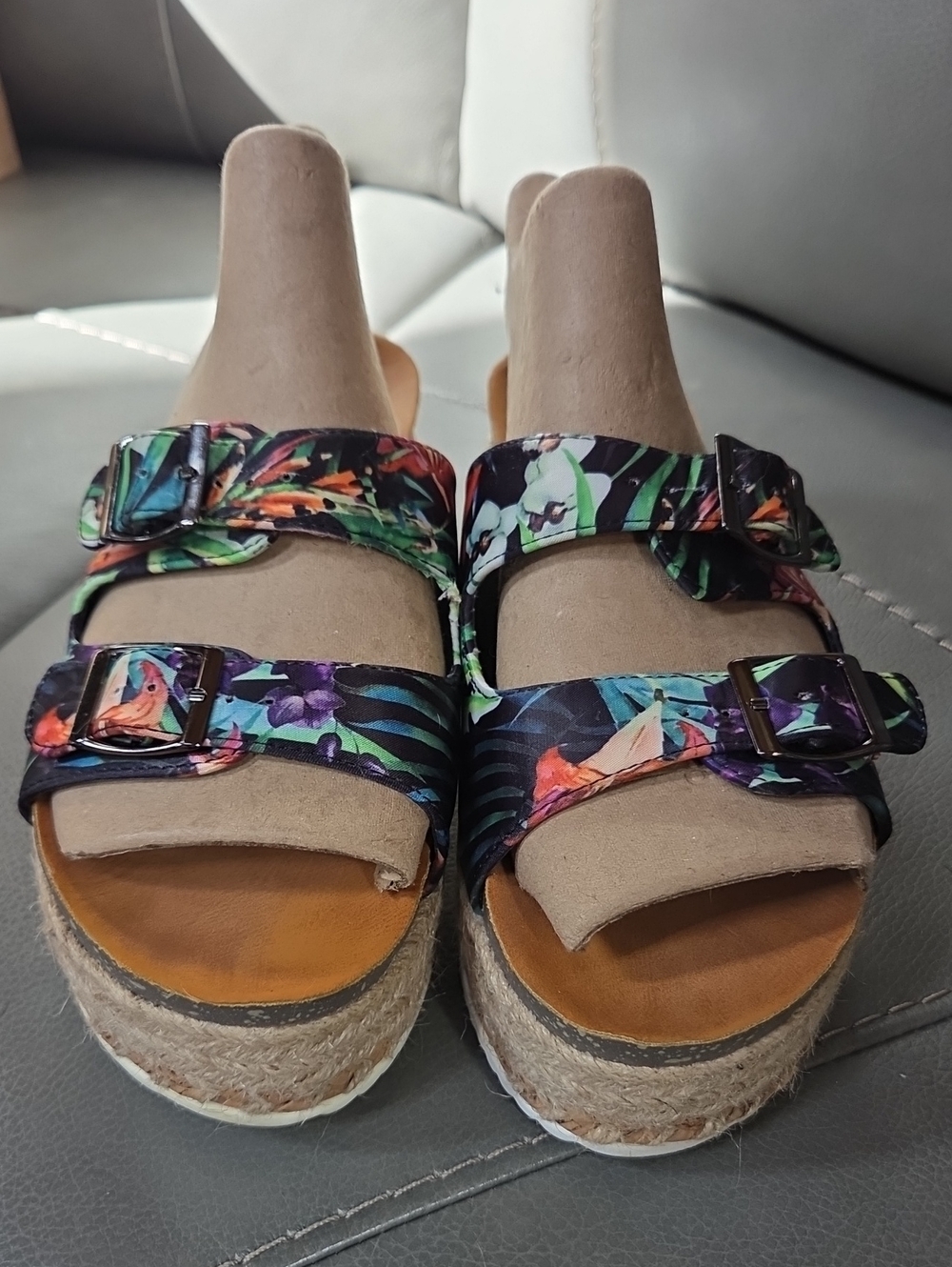 Tropical Floral Double-Buckle Platform Sandals - Beige